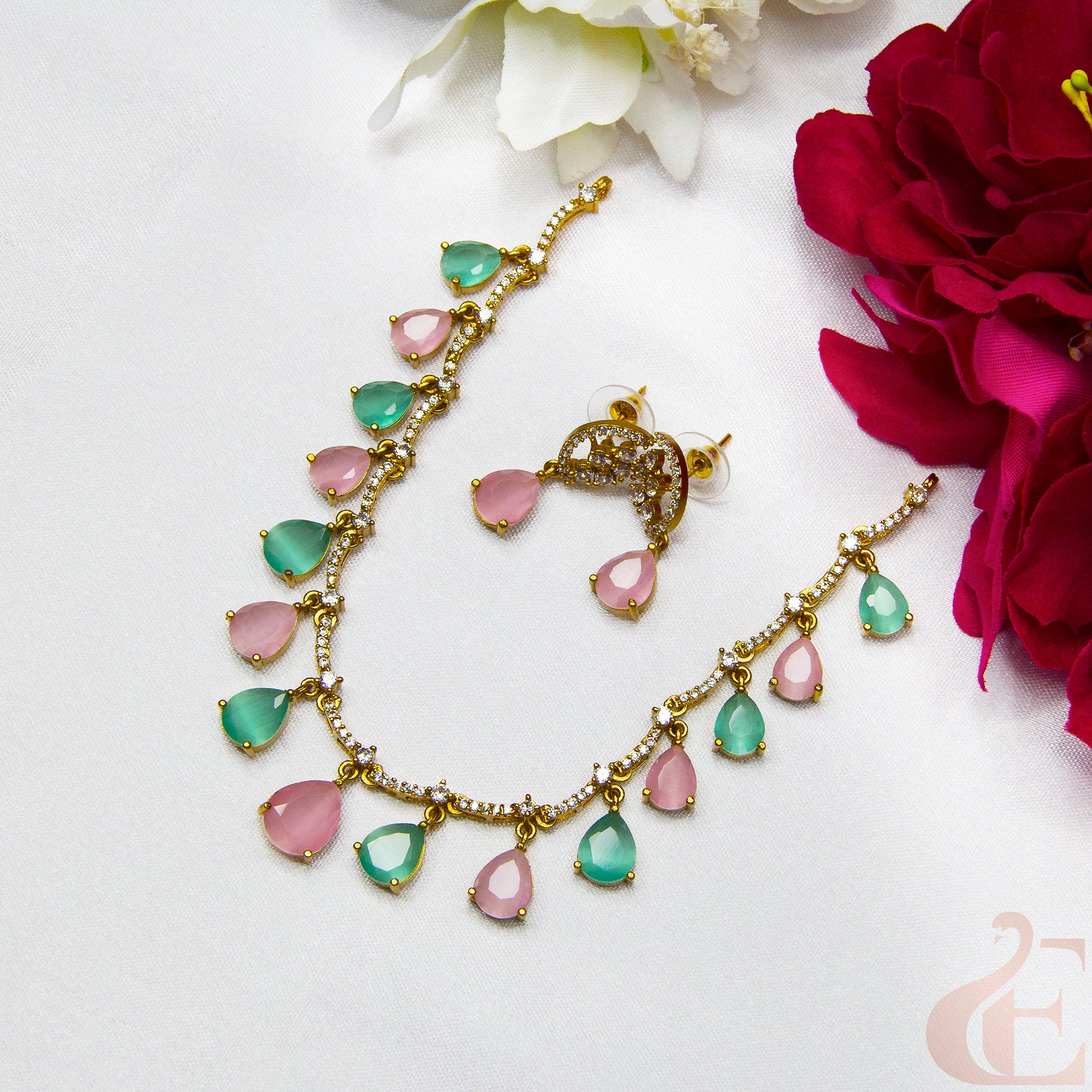 Top view of AD Antique Necklace Set Multi color stones 