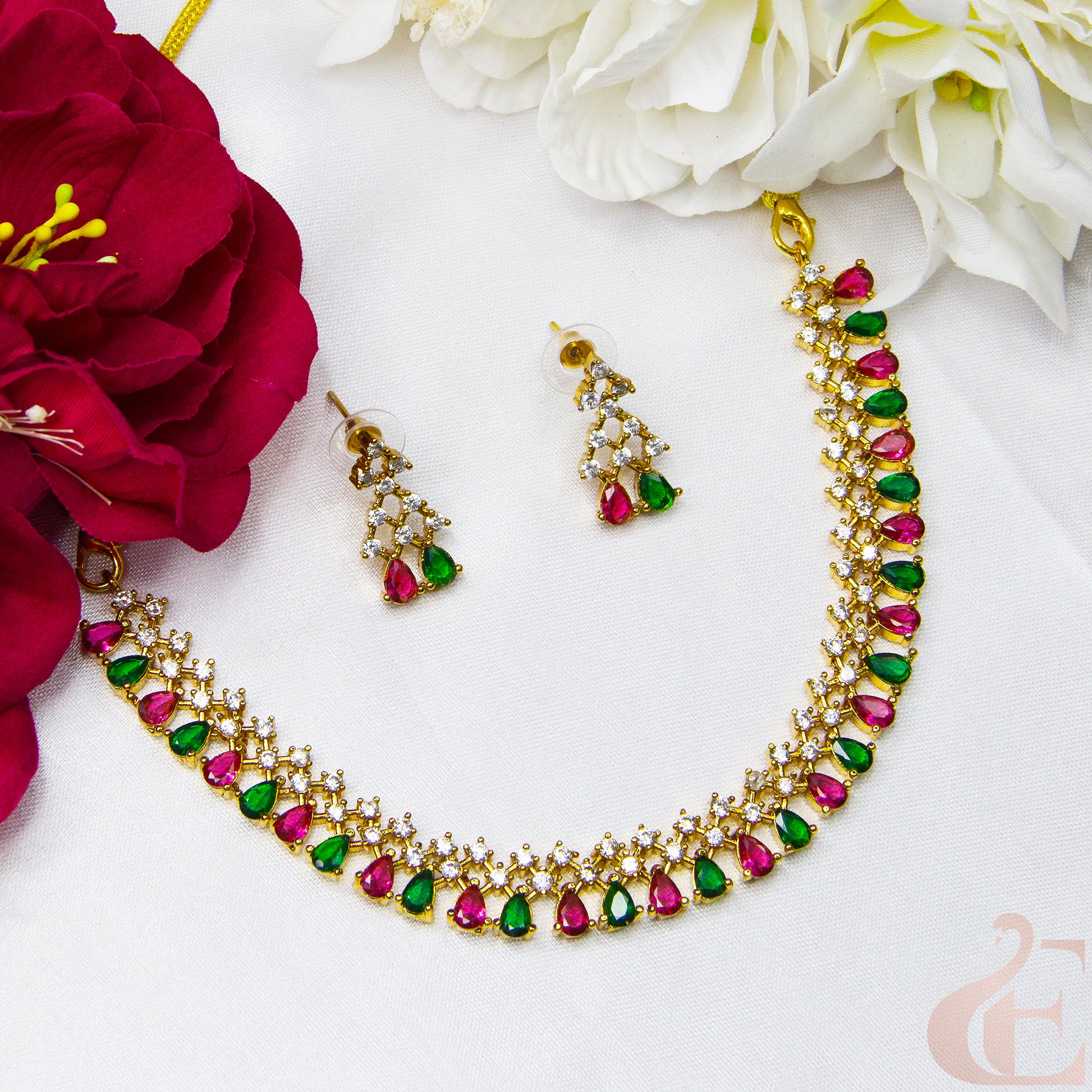 Top view of AD Antique Necklace Set Ruby Green stones 