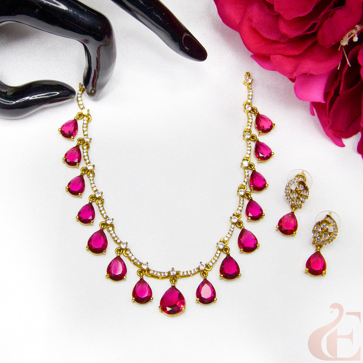 Top view of AD Antique Necklace Set Ruby stones 
