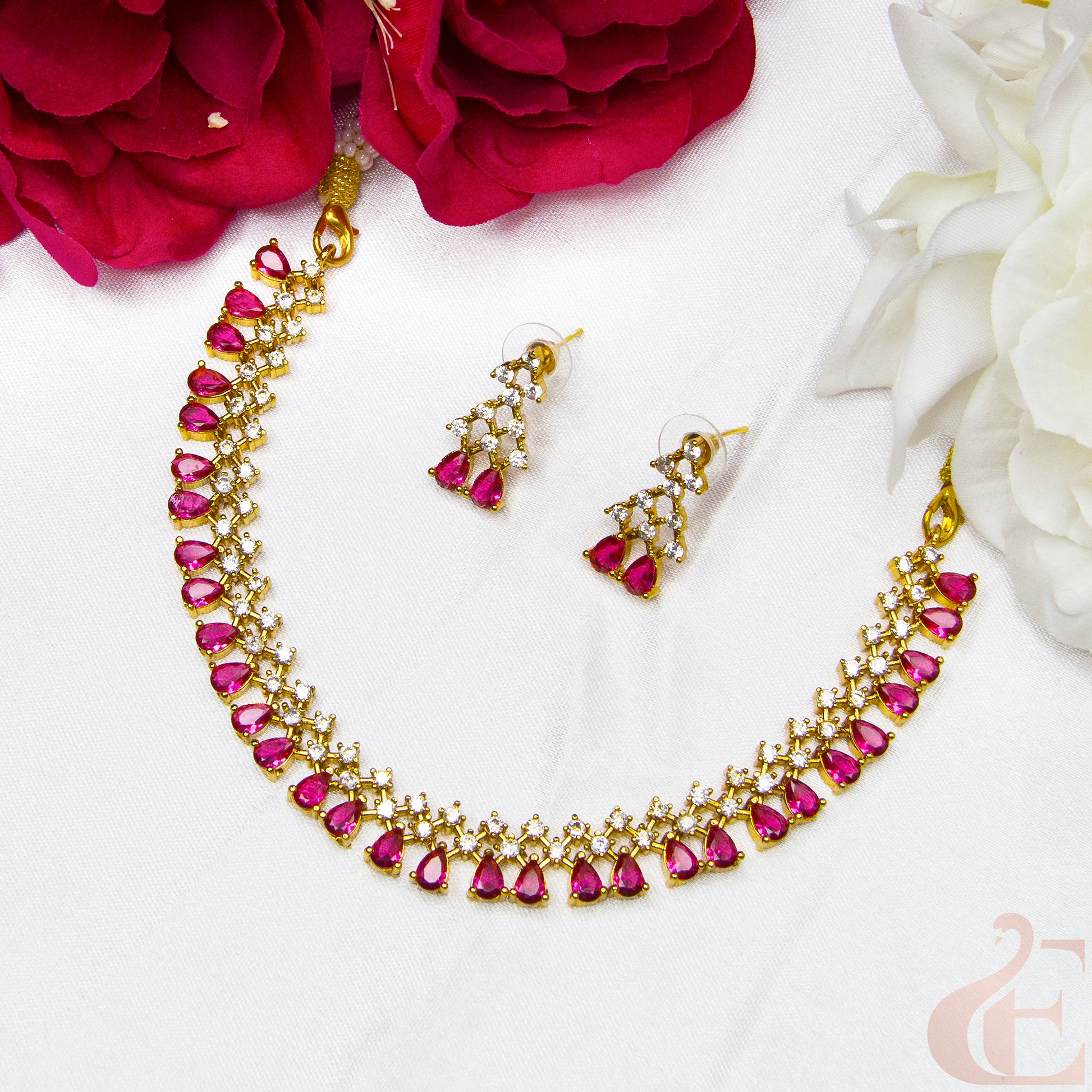 Top view of AD Antique Necklace Set Ruby stones 
