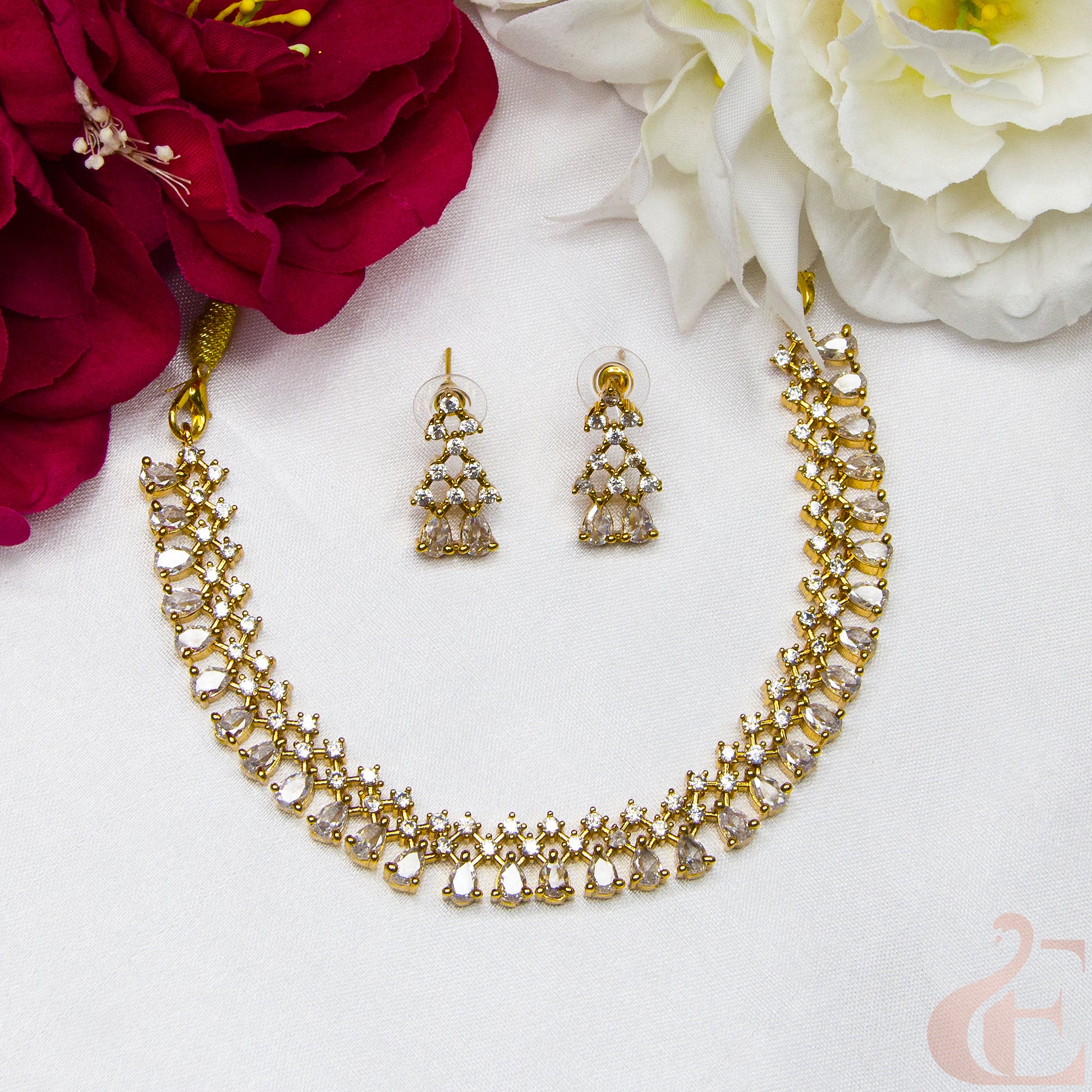 Top view of AD Antique Necklace Set White stones 
