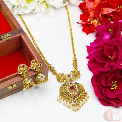 Top view of AD Antique Necklace and Jhumka  green ruby stones 121
