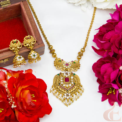 Top view of AD Antique Necklace and Jhumka  green ruby stones 121