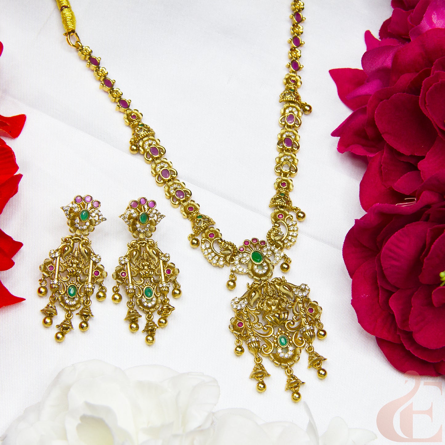 Top view of AD Antique Necklace & earrings Ruby Green stones 128