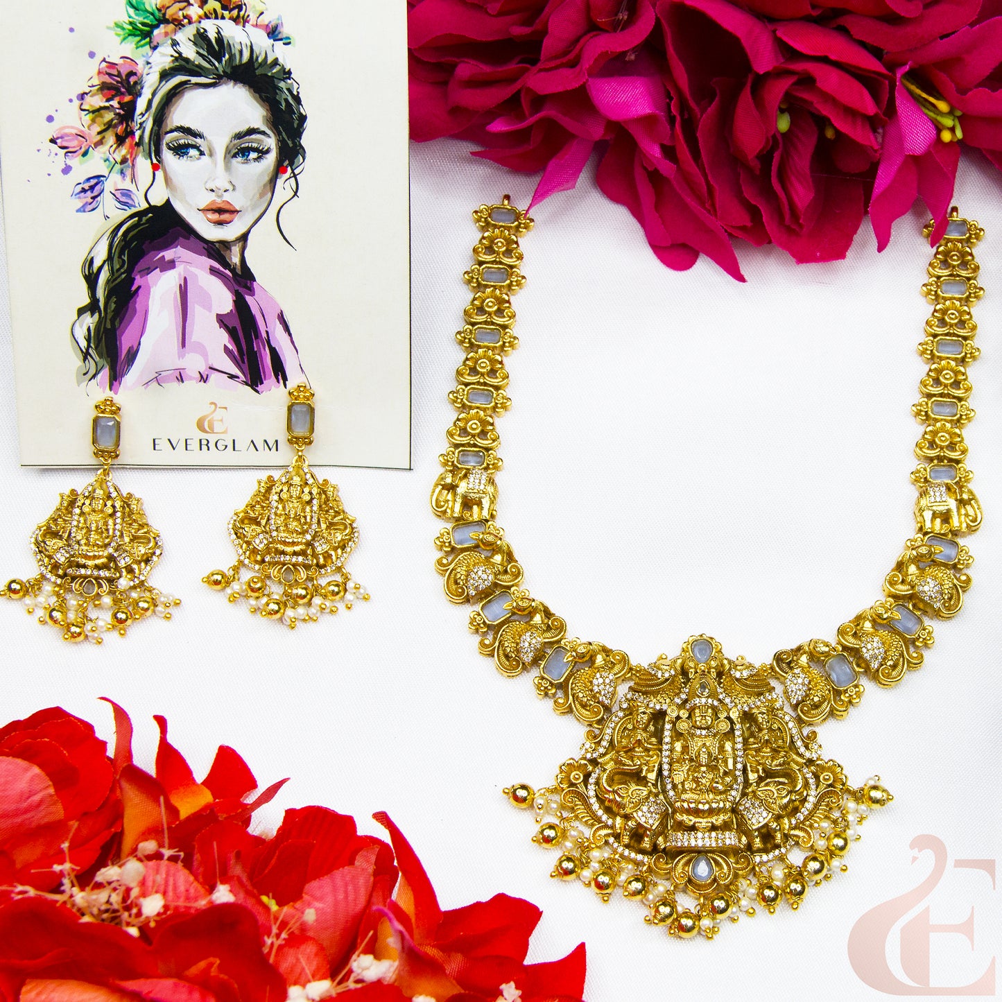 Top view of AD Antique Temple Necklace & earrings 130