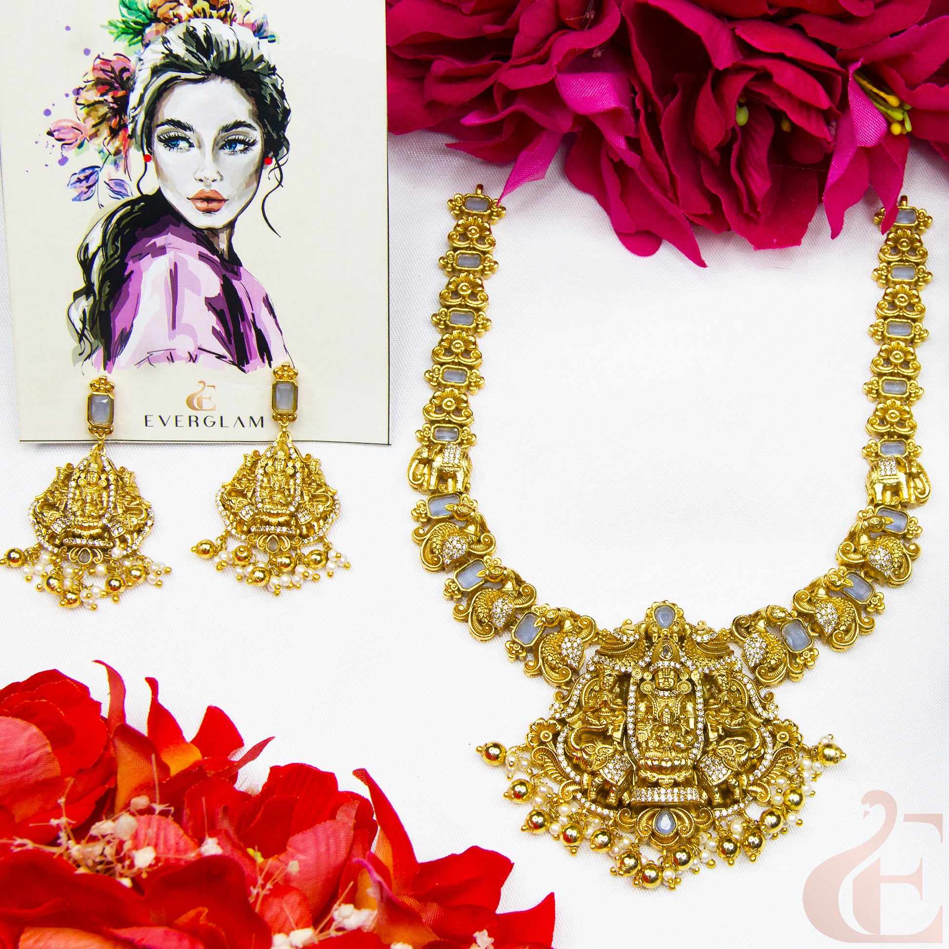 Top view of AD Antique Temple Necklace & earrings 130