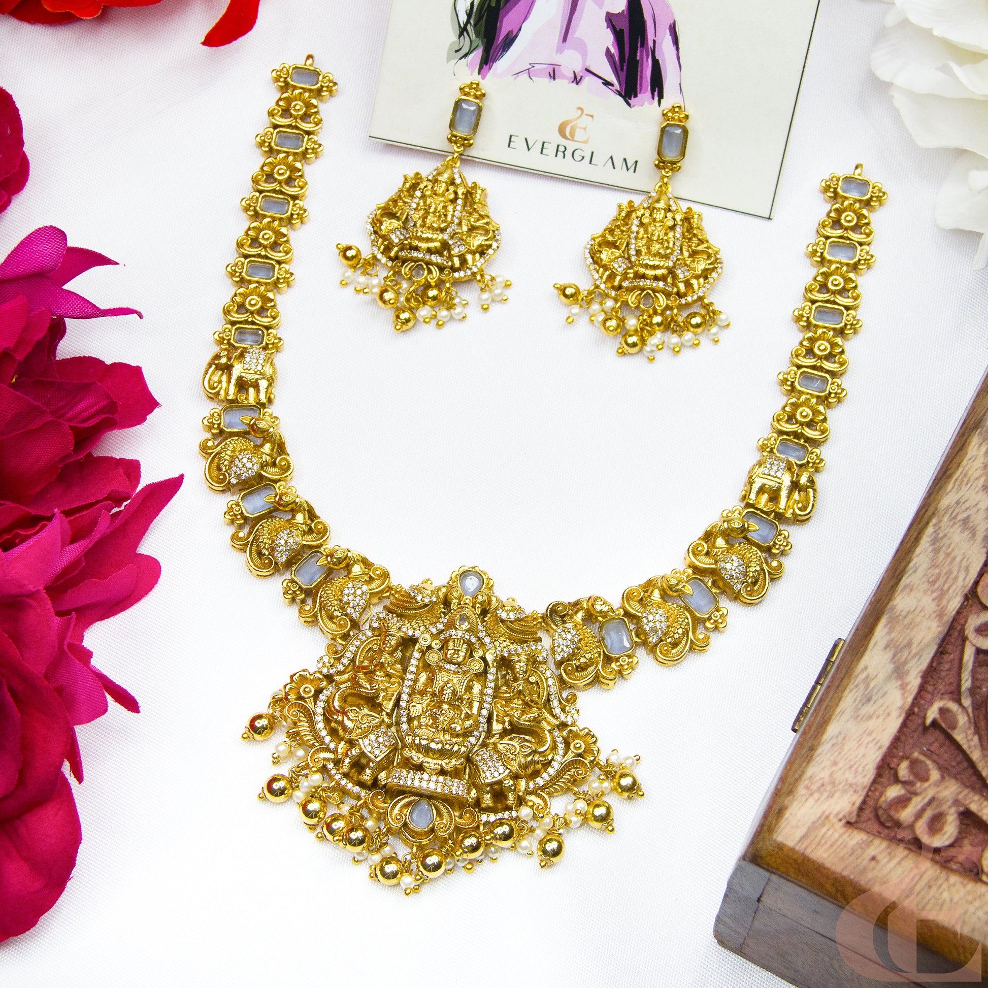 Top view of AD Antique Temple Necklace & earrings 130