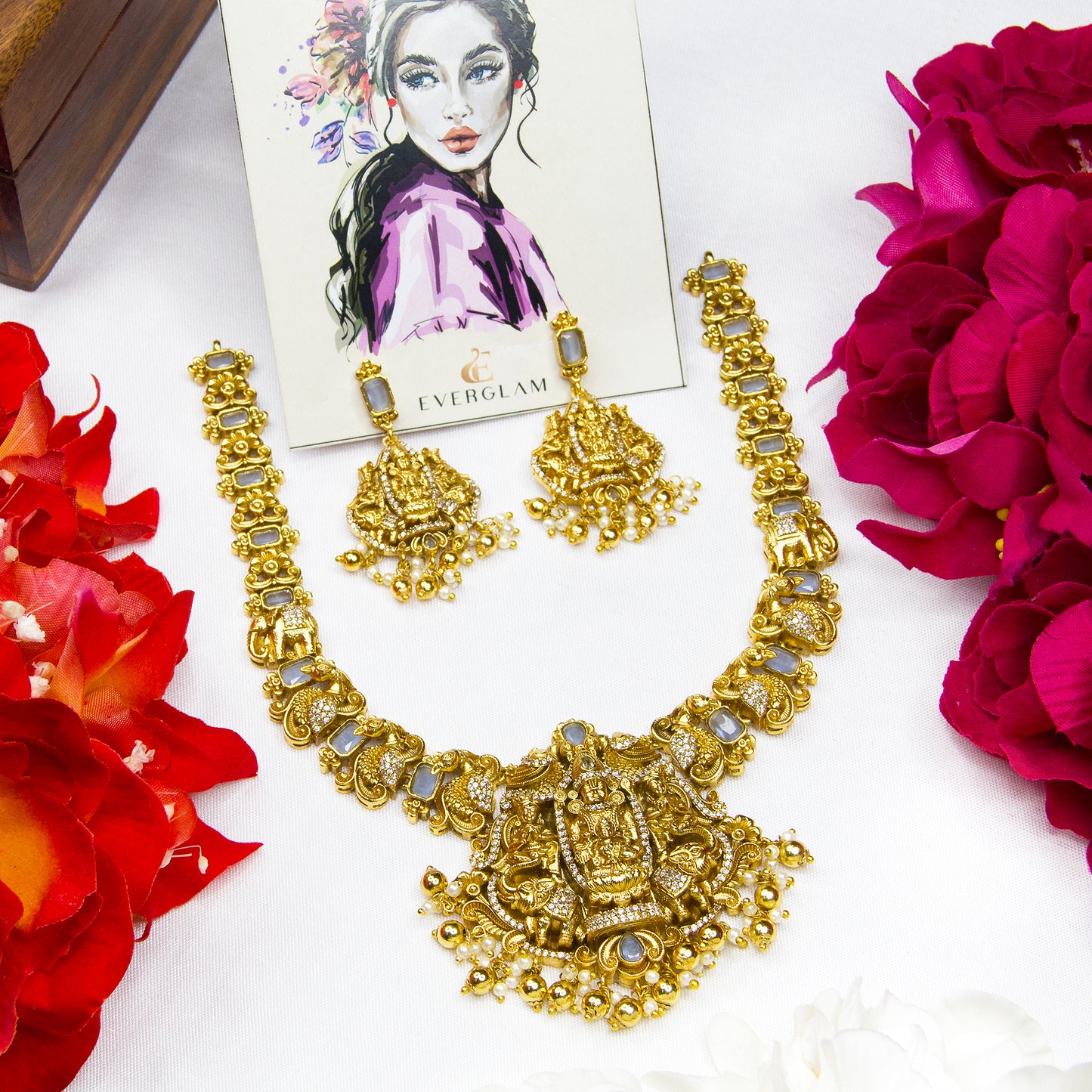 Top view of AD Antique Temple Necklace & earrings 130