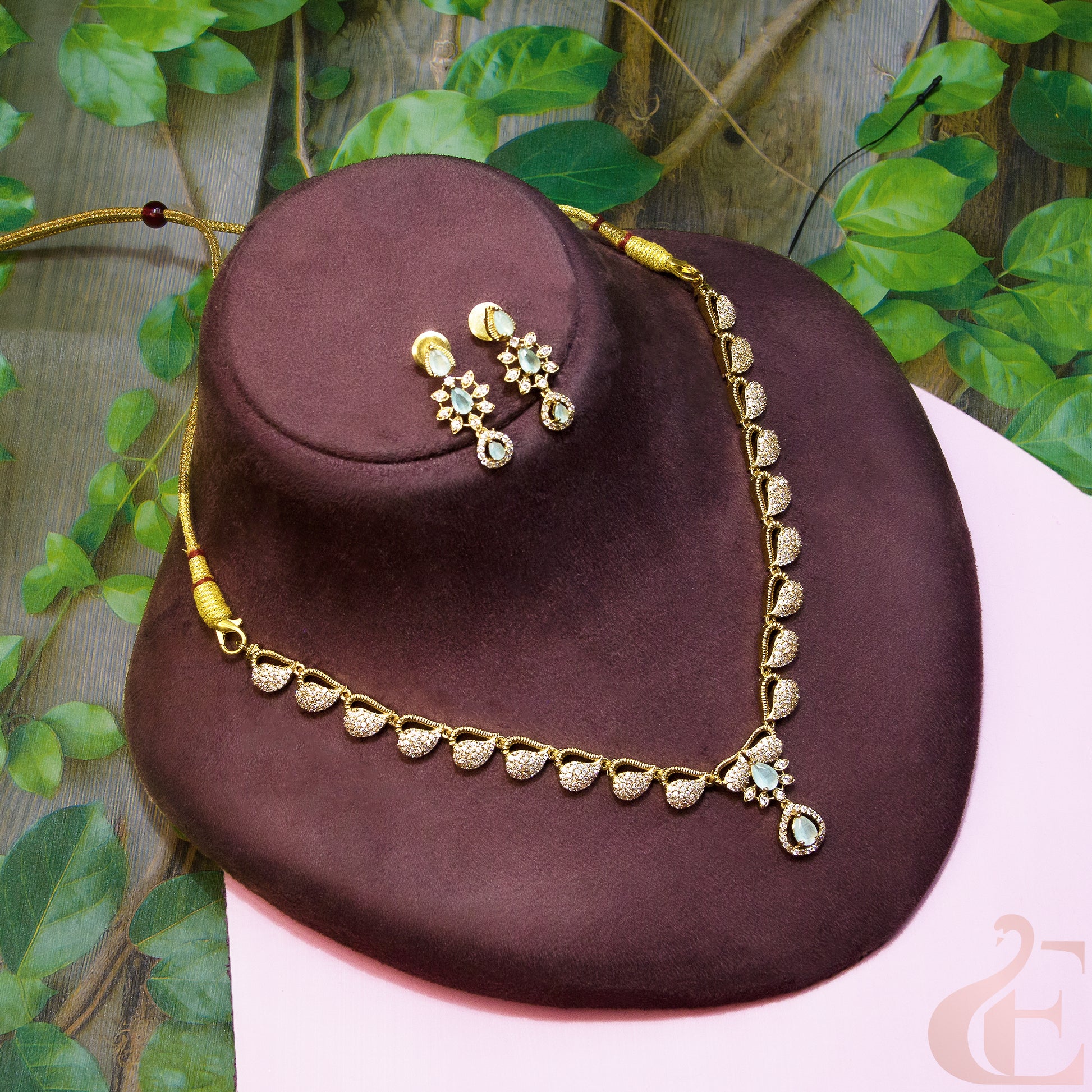 Top View of AD  Necklace With Earrings Pista Green Stone