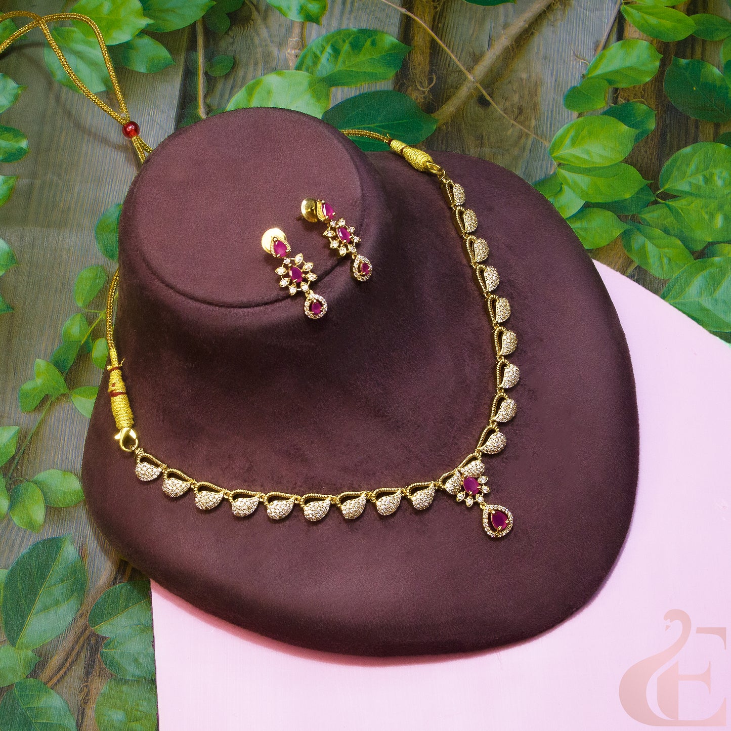 Top View of AD  Necklace With Earrings Ruby Stone