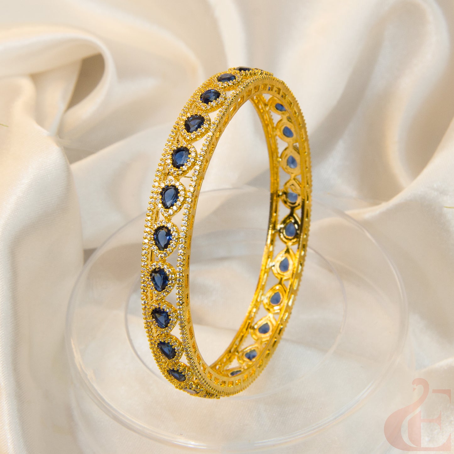 Top view of AD Premium Gold Plated Stone Bangle Blue ( 1 pcs )