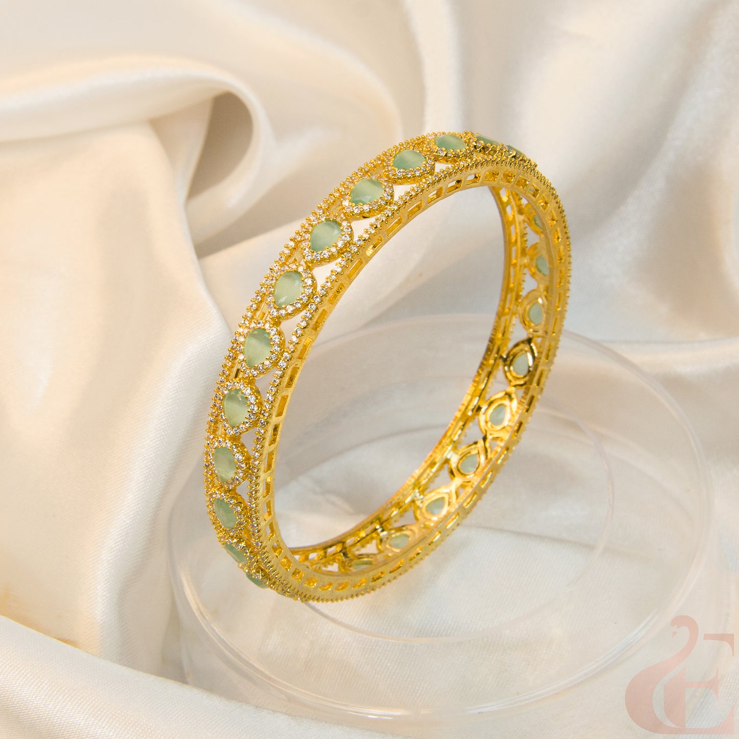 Side angle Front view of AD Premium Gold Plated Stone Bangle pista green( 1 pcs )