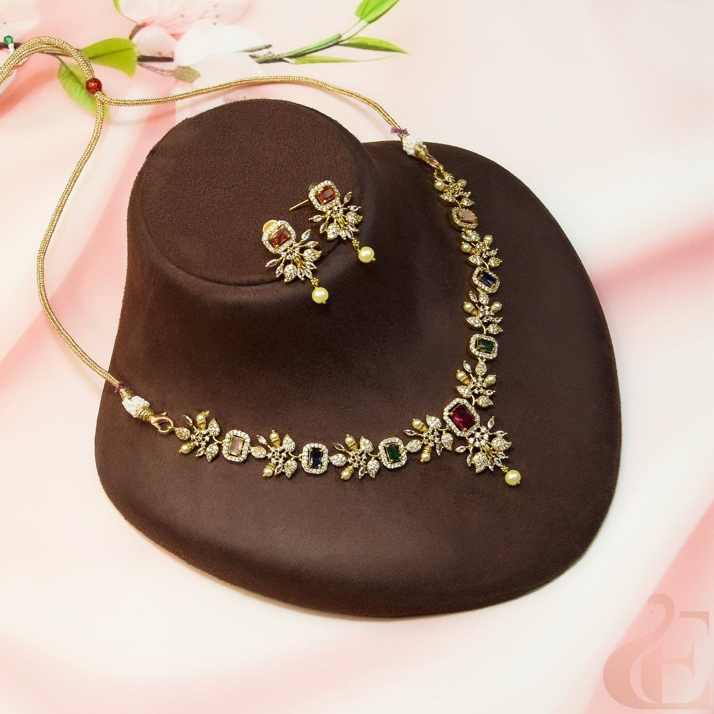 Top view of AD Stone Necklace Set  & Earrings Multi Color 