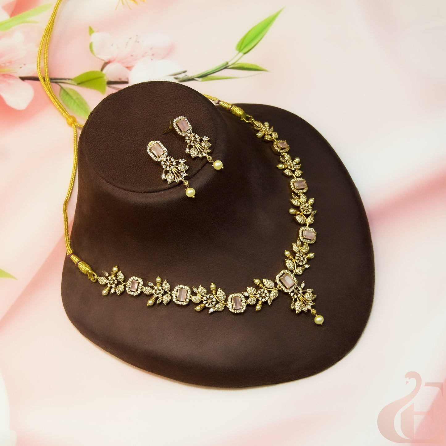 Top view of AD Stone Necklace Set  & Earrings Pink Stone 