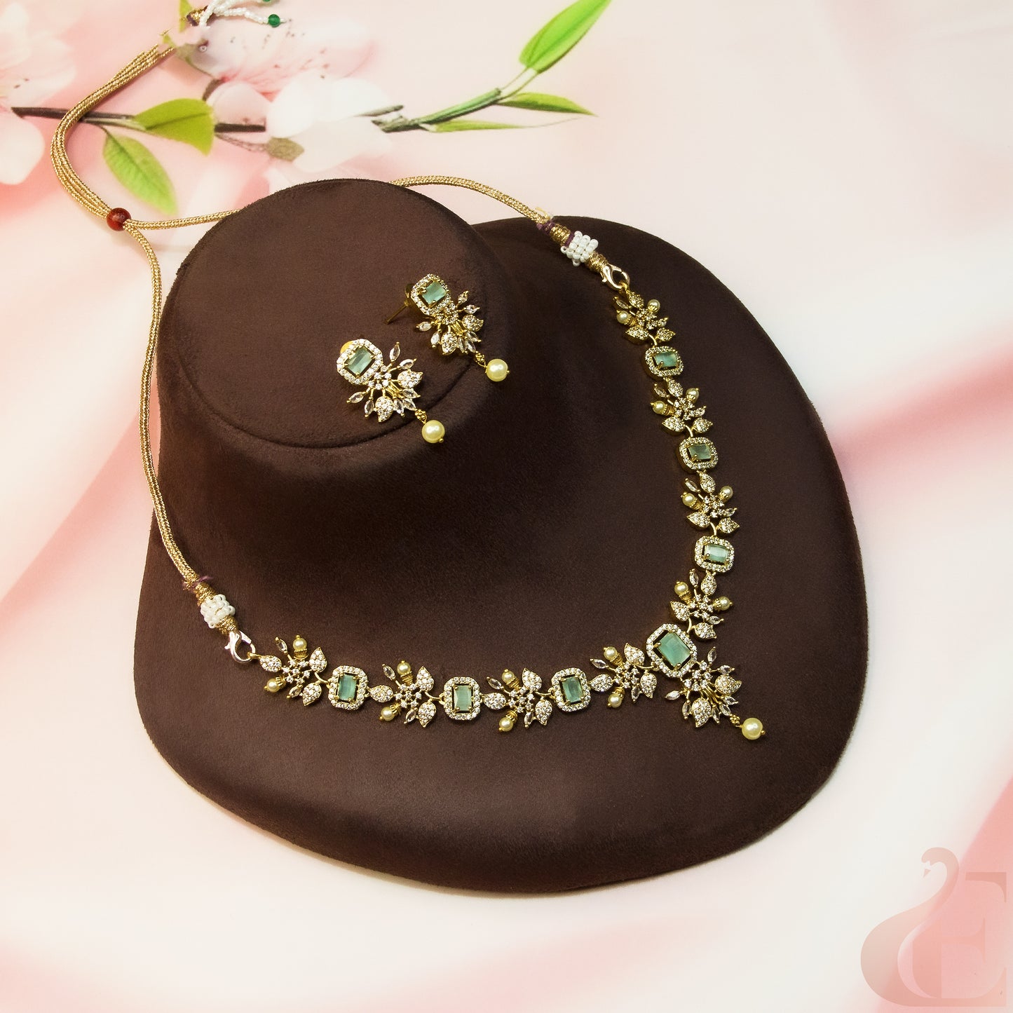 Top view of AD Stone Necklace Set  & Earrings Pista Green 