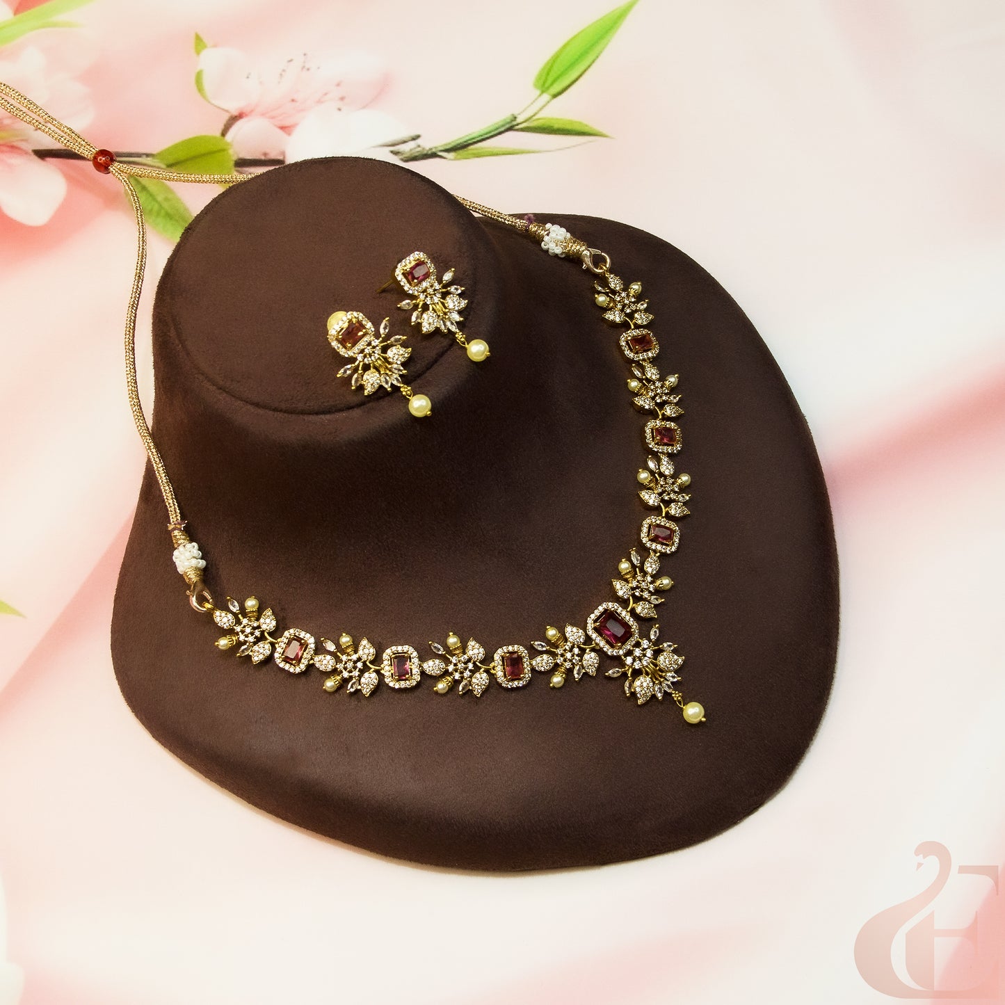 Top view of AD Stone Necklace Set  & Earrings Ruby 