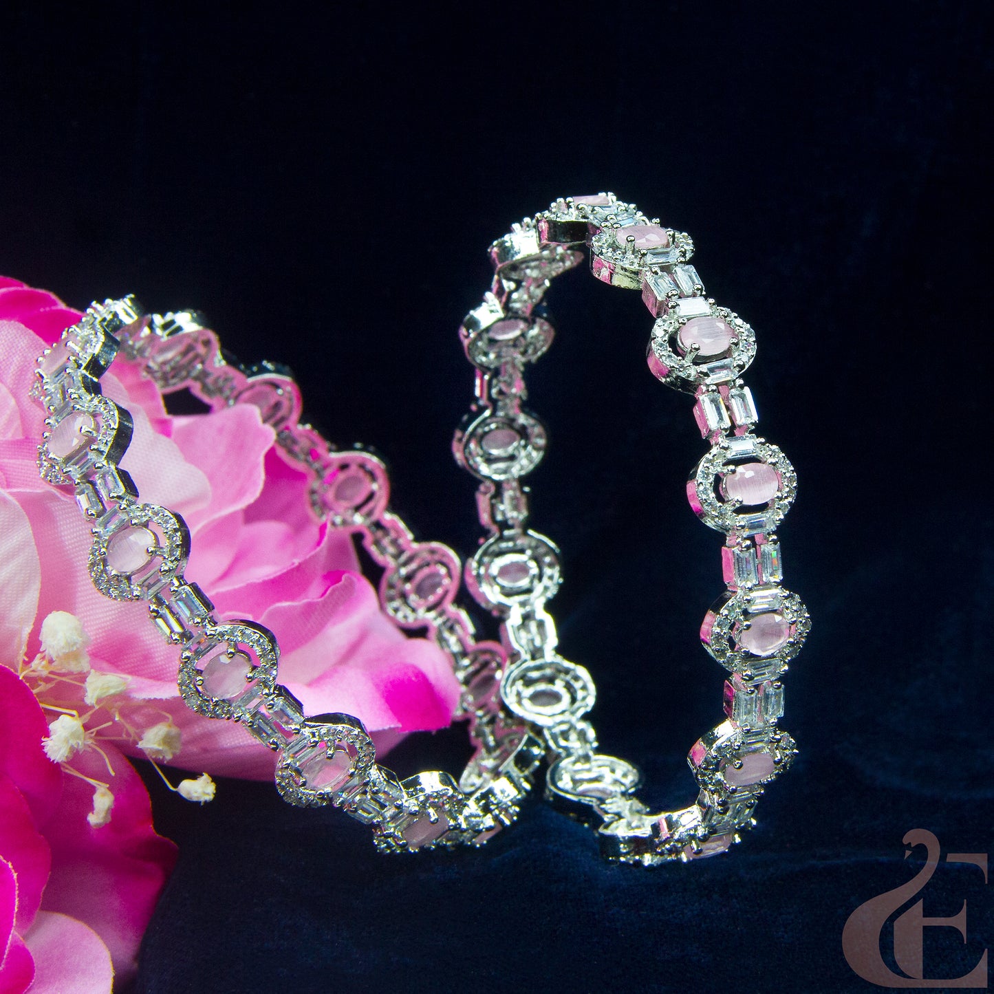 Front view of AD Stone Premium Bangles ( 1 Pair )Pink stones