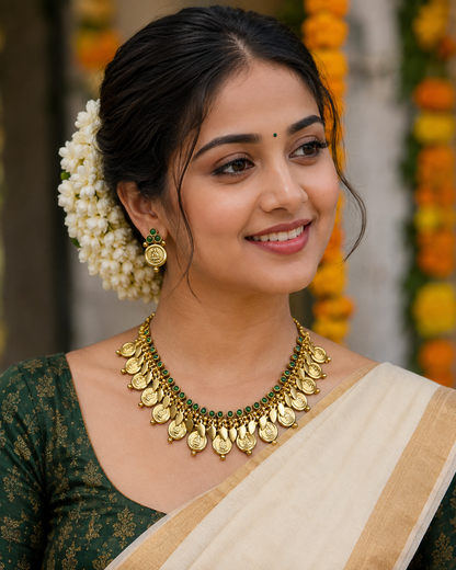 A woman wearing a gold-toned traditional necklace with green stone accents, matching earrings, a white floral hair accessory, and a cream and green saree, shown in a festive outdoor setting with blurred orange marigold garlands.