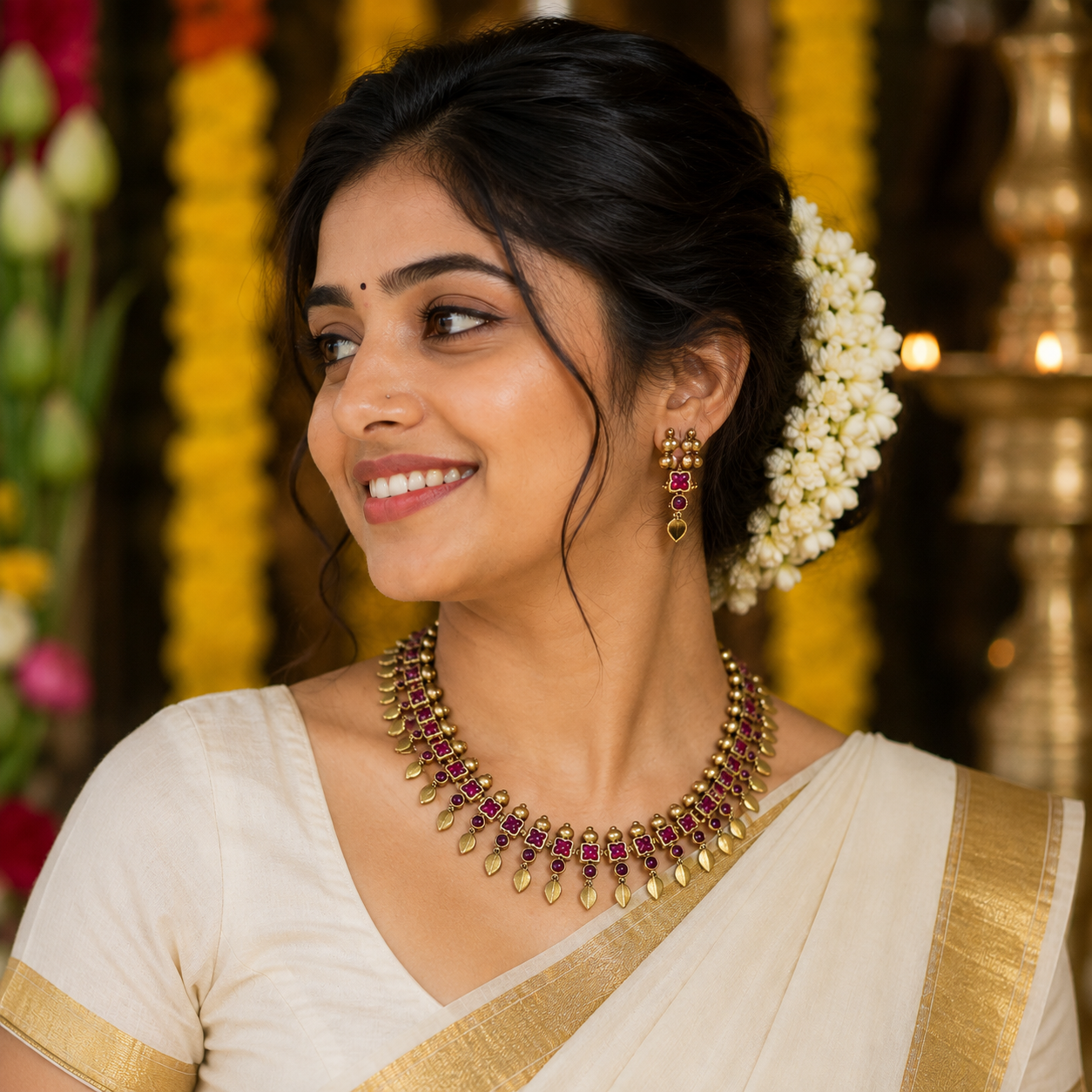 A woman wearing a gold-toned traditional necklace with red stones, matching drop earrings, and white floral hair accessories, dressed in a cream sari with gold borders against a festive background with yellow marigold garlands.