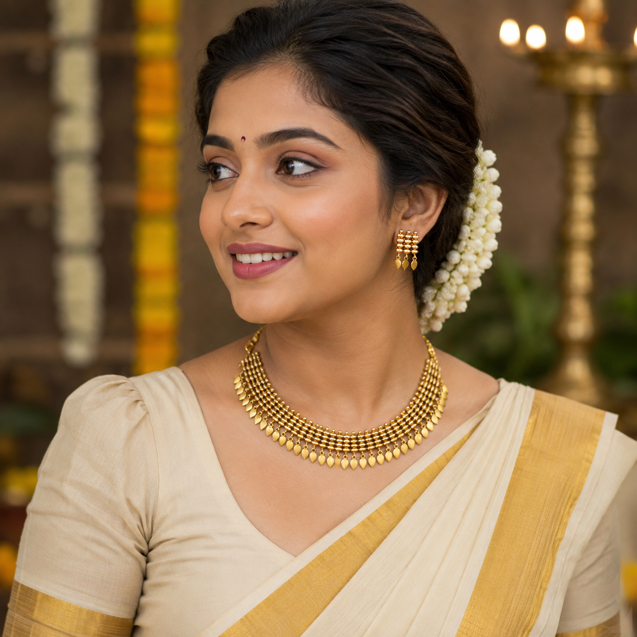 A woman wearing a traditional Indian outfit in beige and gold, featuring a multi-strand gold necklace, matching gold earrings, and a white floral hair accessory, set against a softly blurred background with warm lighting.
