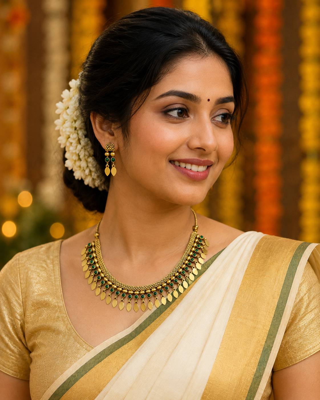 A woman wearing traditional Indian jewelry, including a gold coin necklace and matching earrings, paired with a cream and gold saree, set against a festive background with orange marigold garlands.
