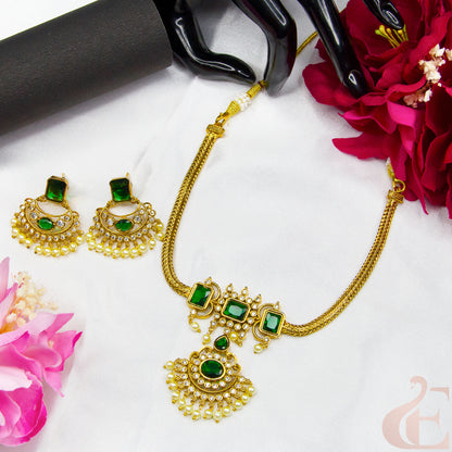 Top view of green stones Antique AD Choker & Earrings 