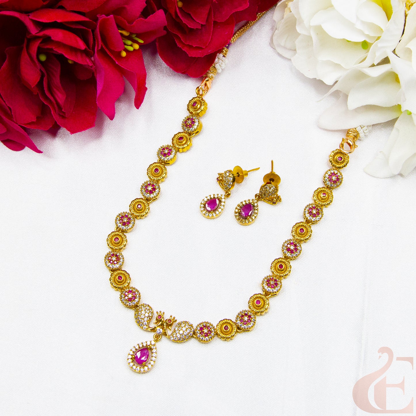 Top view Antique AD Necklace & Earrings white ruby  