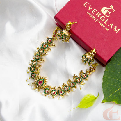 Top view of Antique AD Necklace & Jhumka Green  ruby Stone 