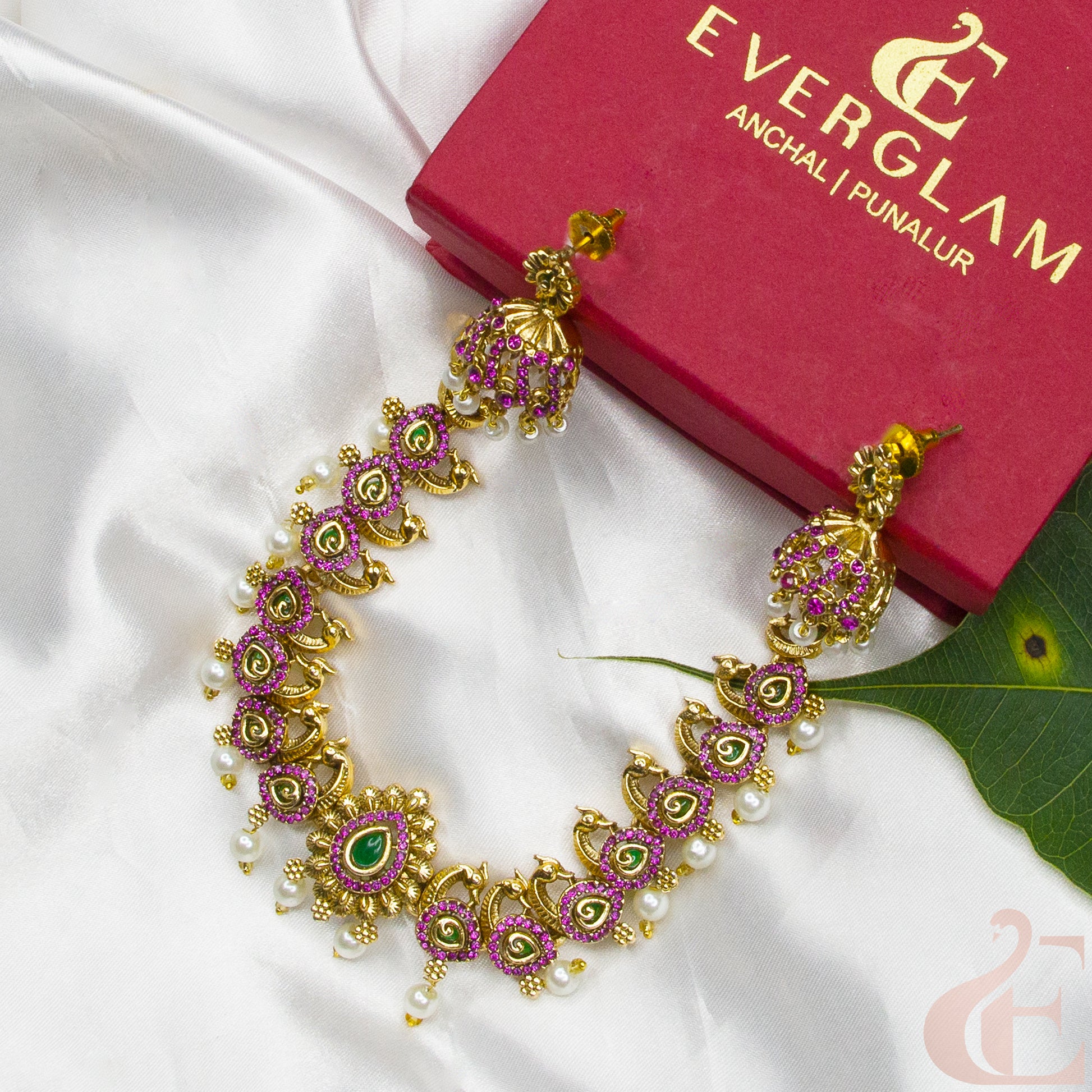 Side angle Top view of Antique AD Necklace & Jhumka Ruby Green Stone 28