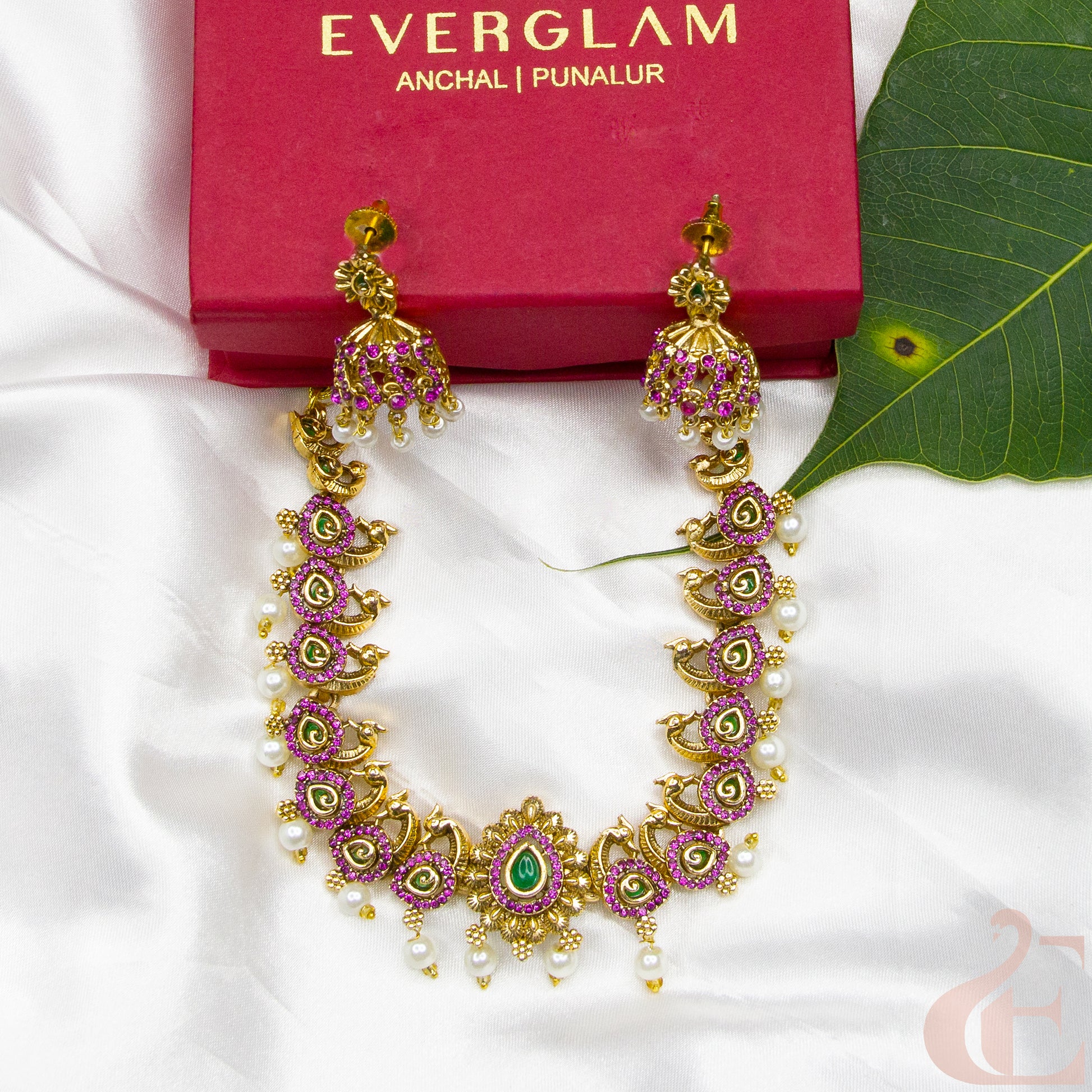 Top view of Antique AD Necklace & Jhumka Ruby Green Stone 