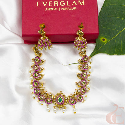 Top view of Antique AD Necklace & Jhumka Ruby Green Stone 