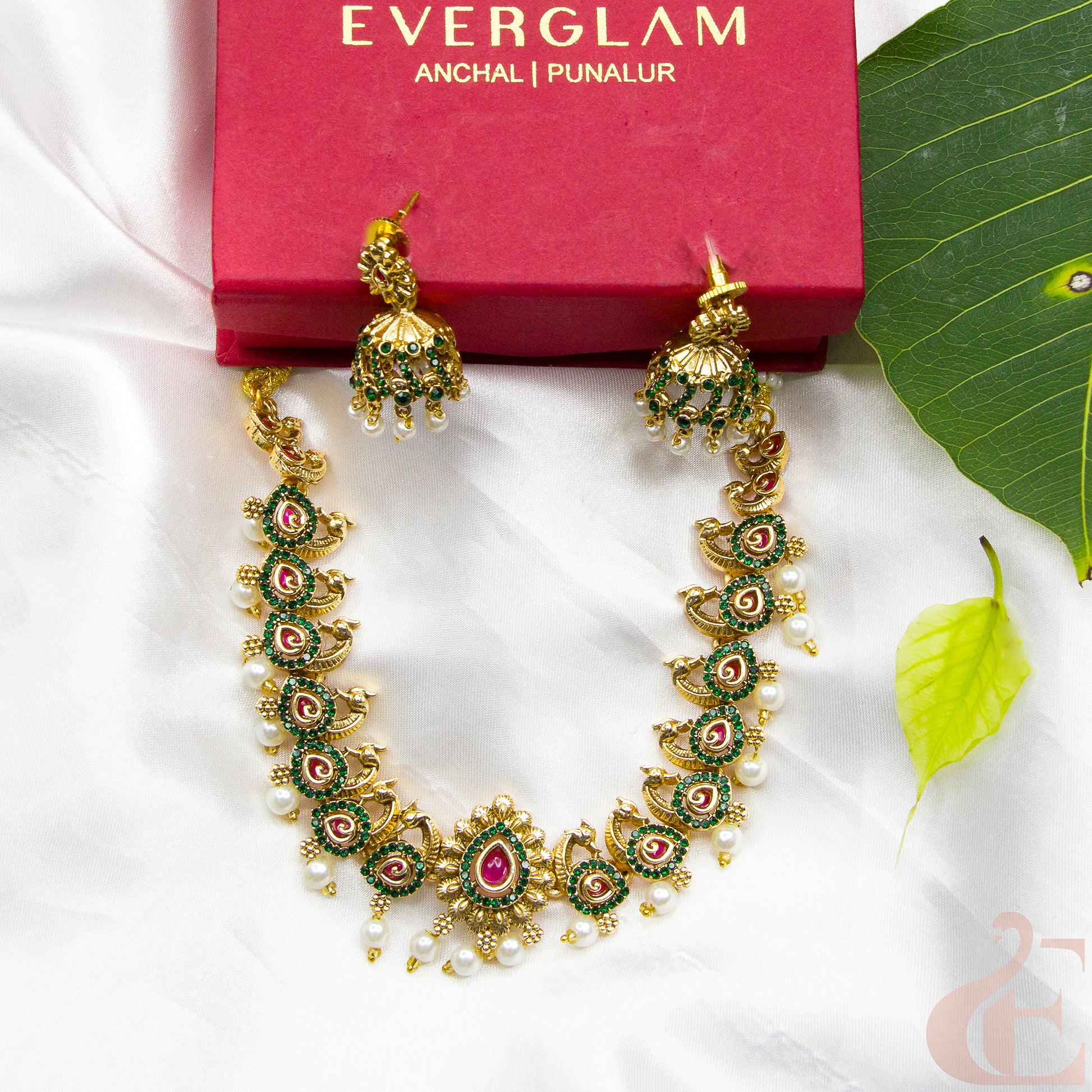 Top view of Antique AD Necklace & Jhumka Ruby Green Stone