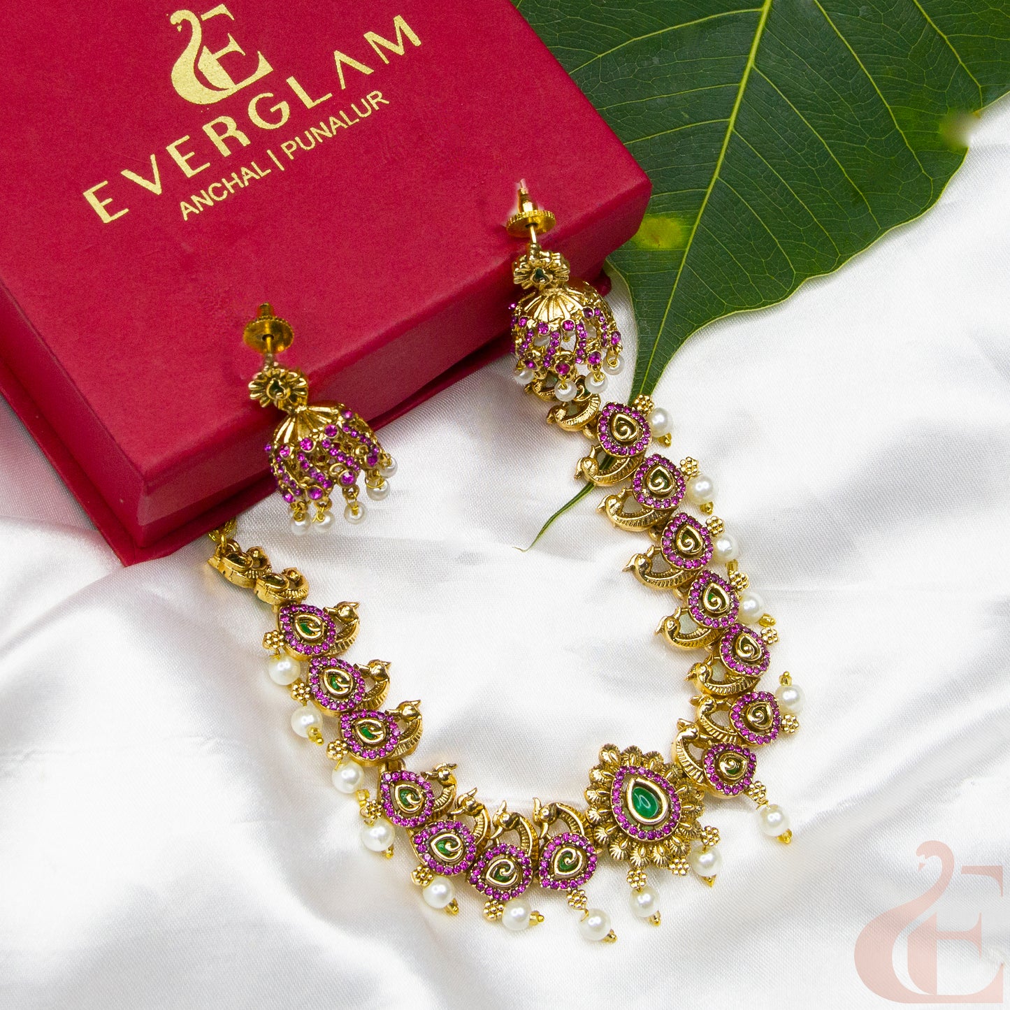 Side angle Top view of Antique AD Necklace & Jhumka Ruby Green Stone 