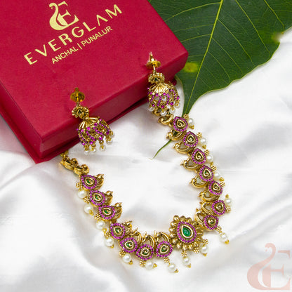 Side angle Top view of Antique AD Necklace & Jhumka Ruby Green Stone 