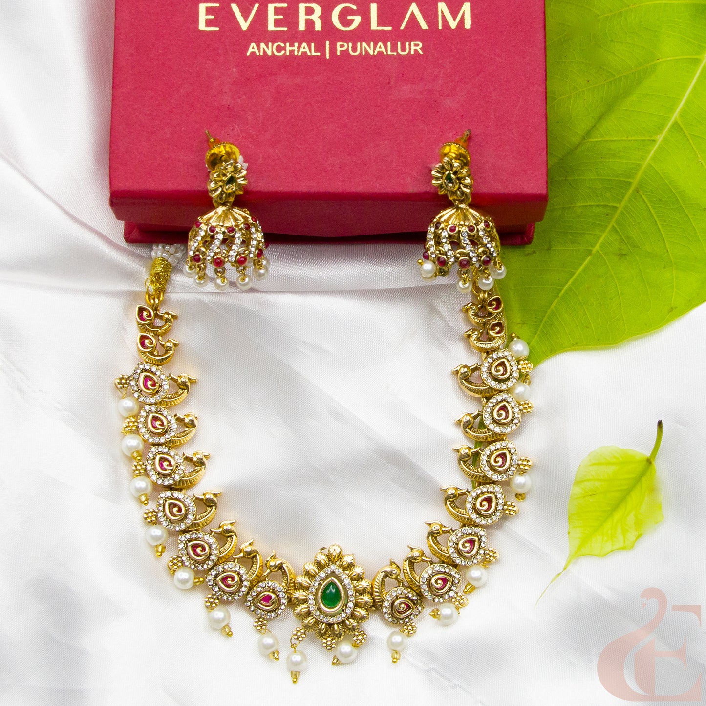 Top view of Antique AD Necklace & Jhumka White Ruby Green Stone 28