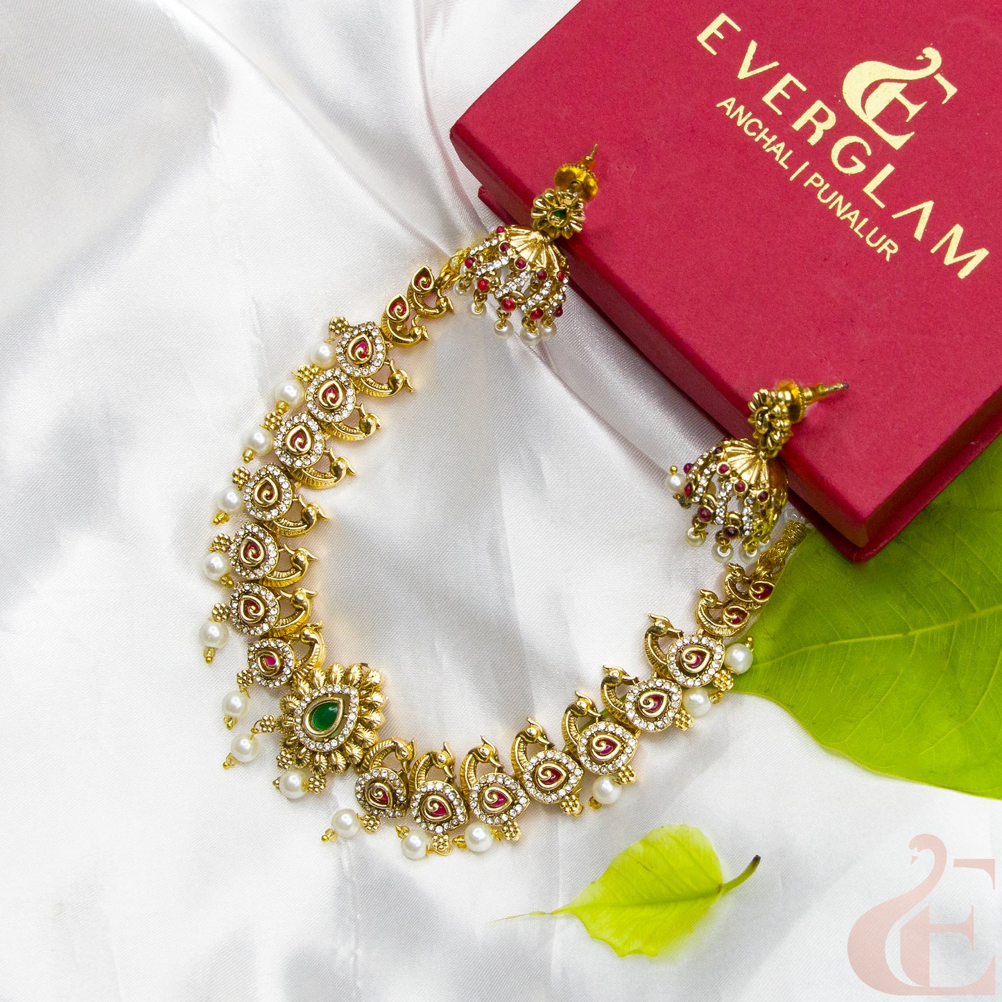 Side angle Top view of Antique AD Necklace & Jhumka White Ruby Green Stone 