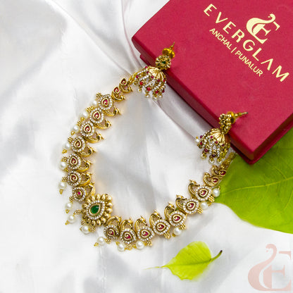 Side angle Top view of Antique AD Necklace & Jhumka White Ruby Green Stone 