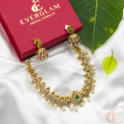 Side angle Top view of Antique AD Necklace & Jhumka White Ruby Green Stone 