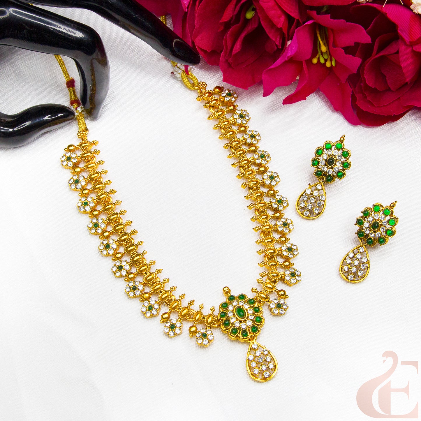 Top view of Antique AD Necklace Set Green & White Stones 