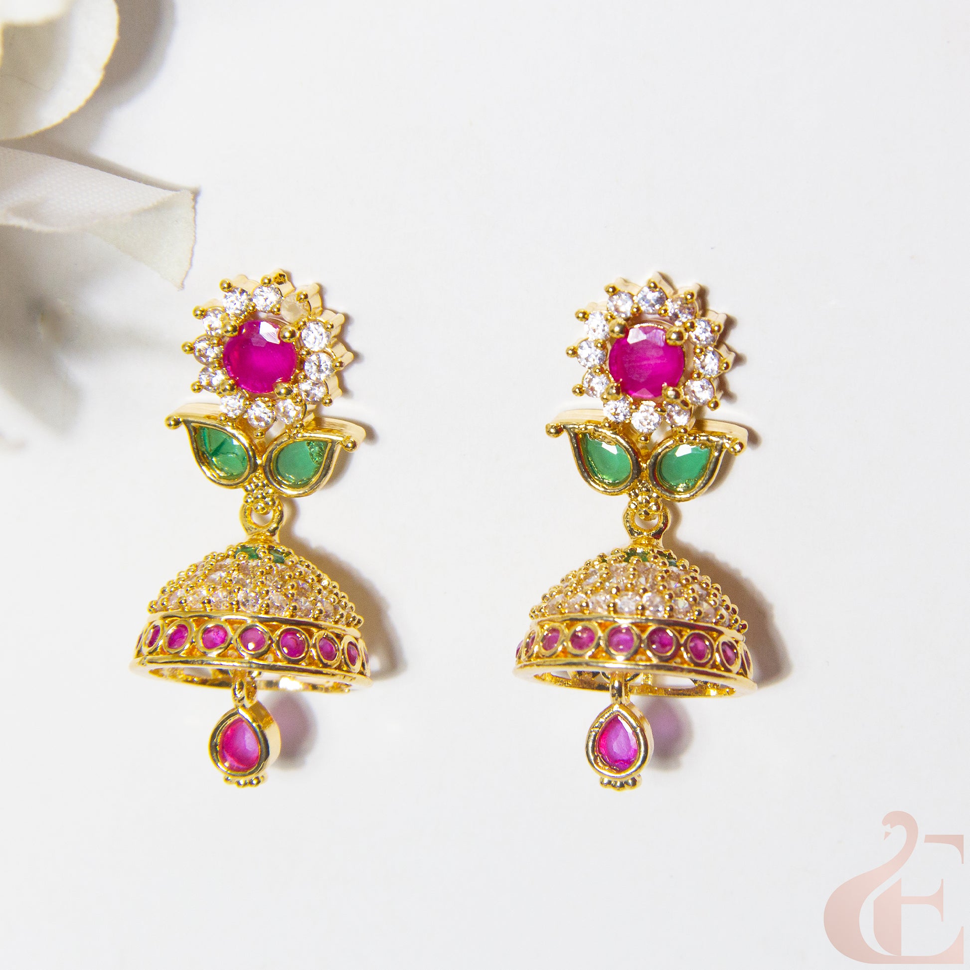 Top view of Antique AD Premium Jhumka Ruby Green