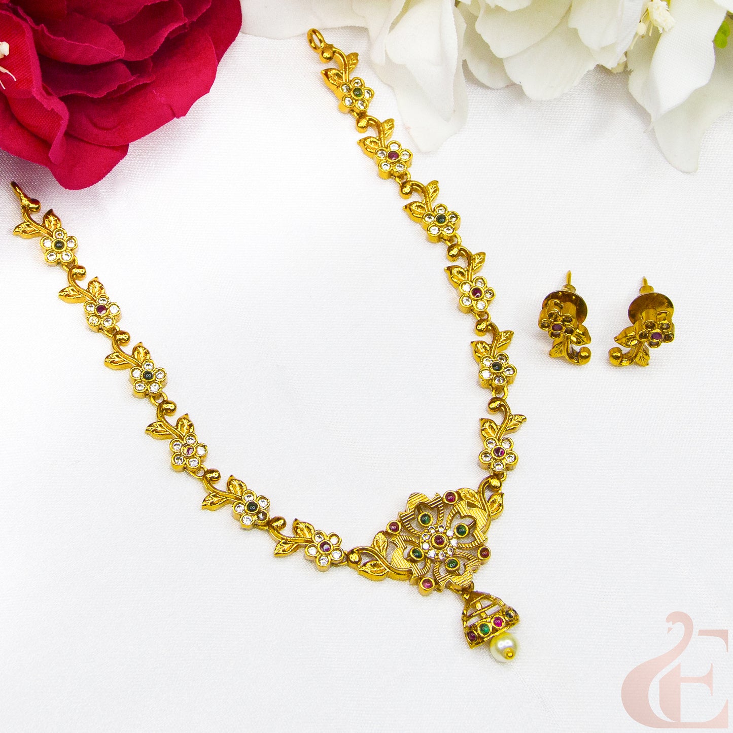 Top view of Antique Ad Necklace Set ruby green white AD stones