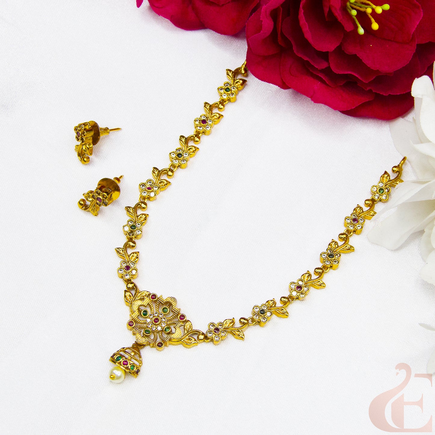 Top view of Antique Ad Necklace Set ruby green white AD stones
