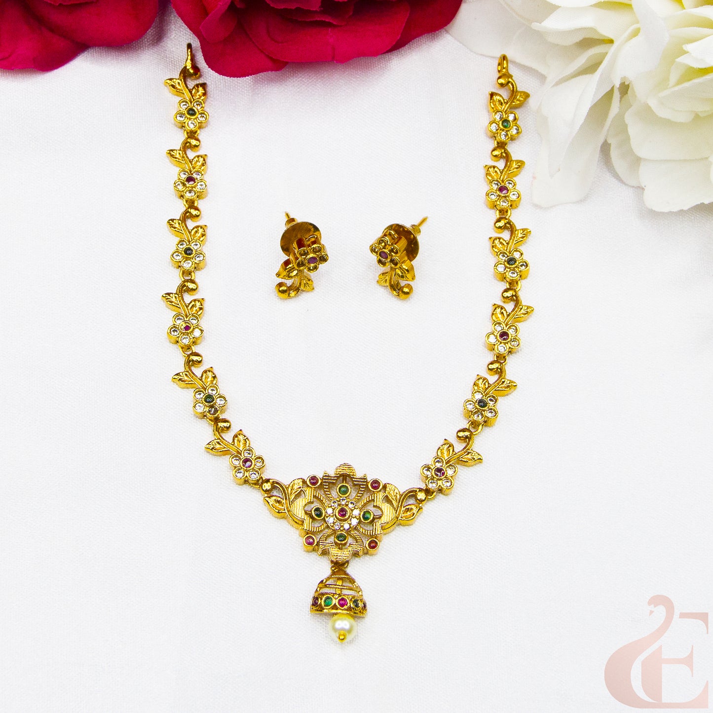 Top view of Antique Ad Necklace Set ruby green white AD stones