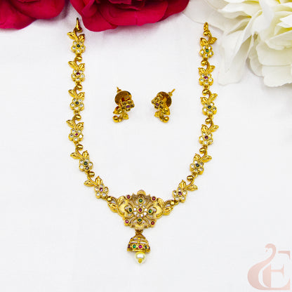 Top view of Antique Ad Necklace Set ruby green white AD stones