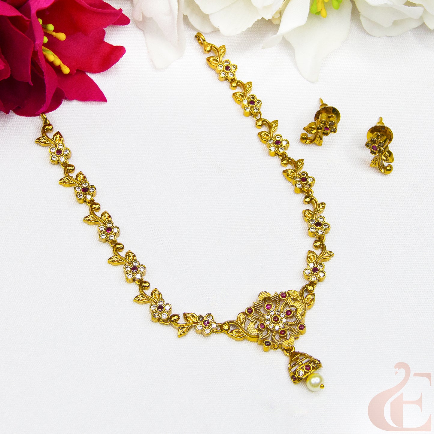 Top view of Antique Ad Necklace Set ruby white AD stones