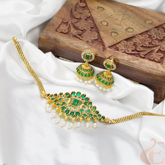 Top view of Antique Choker & Jhumka Green Stone Necklace Set 