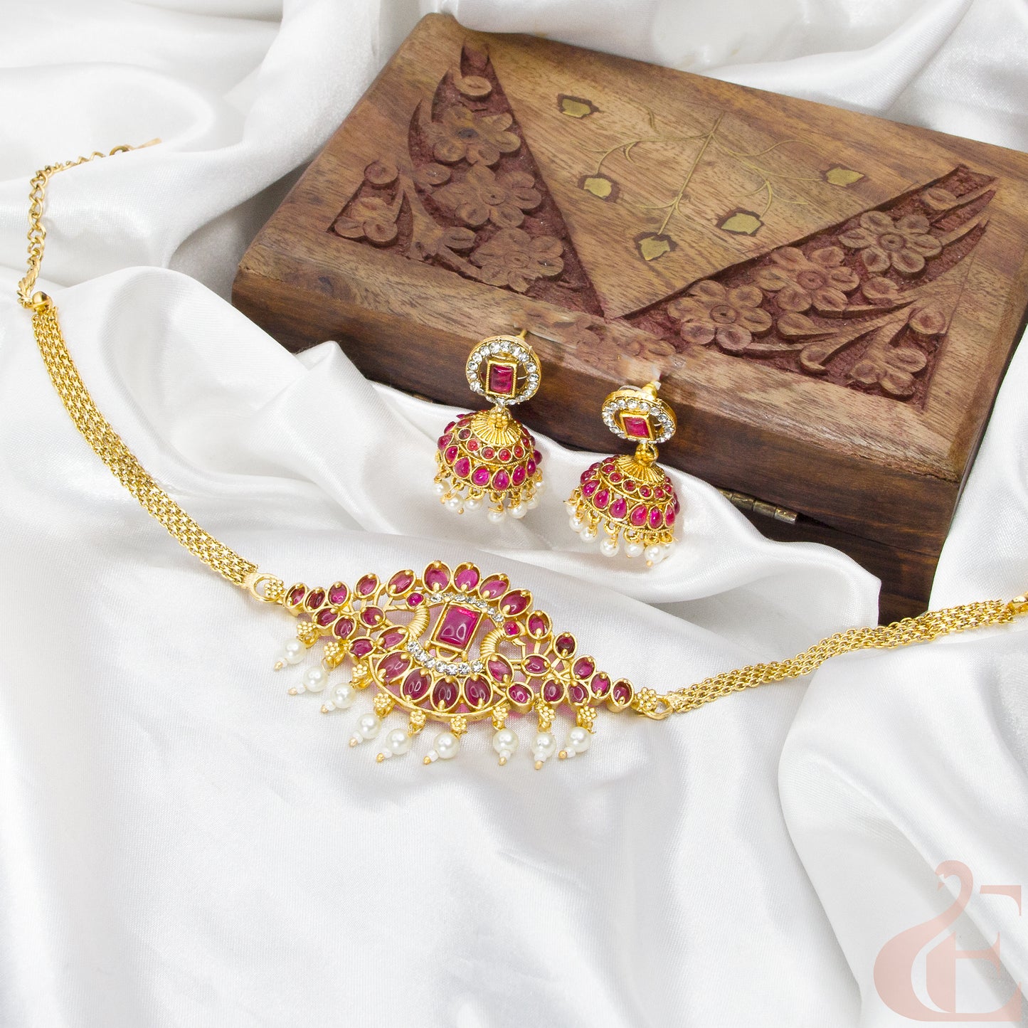 Top view of Antique Choker & Jhumka Ruby Stone Necklace Set 