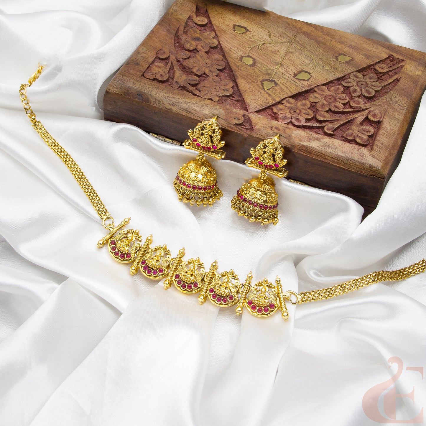 Top view of Antique Choker & Jhumka Ruby Stone Necklace Set 