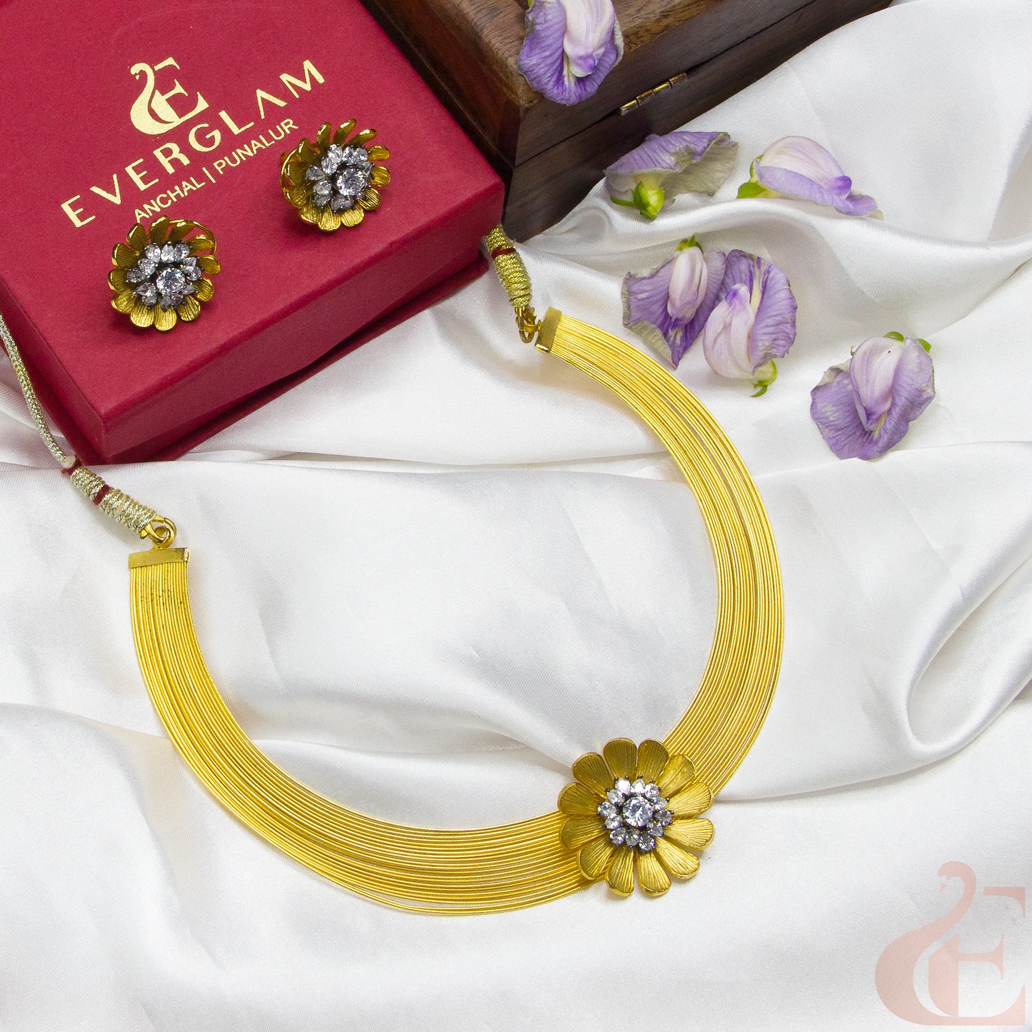 Top view of side angle Antique Choker Necklace &  Floral Earrings