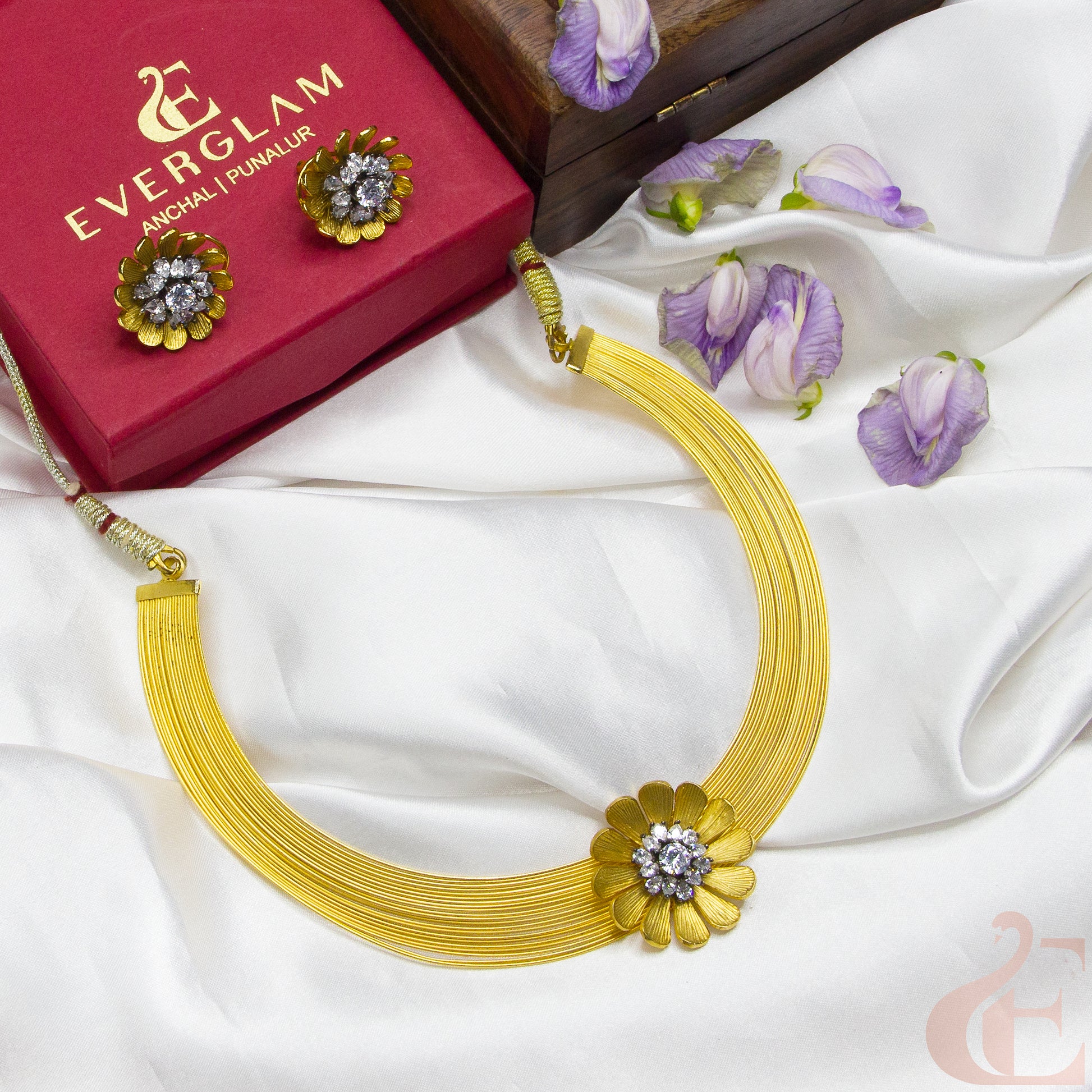 Top view of side angle Antique Choker Necklace &  Floral Earrings